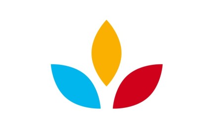Logo nachhaltige Blume mit 3 Bausteinen in Blau, Orange, Rot